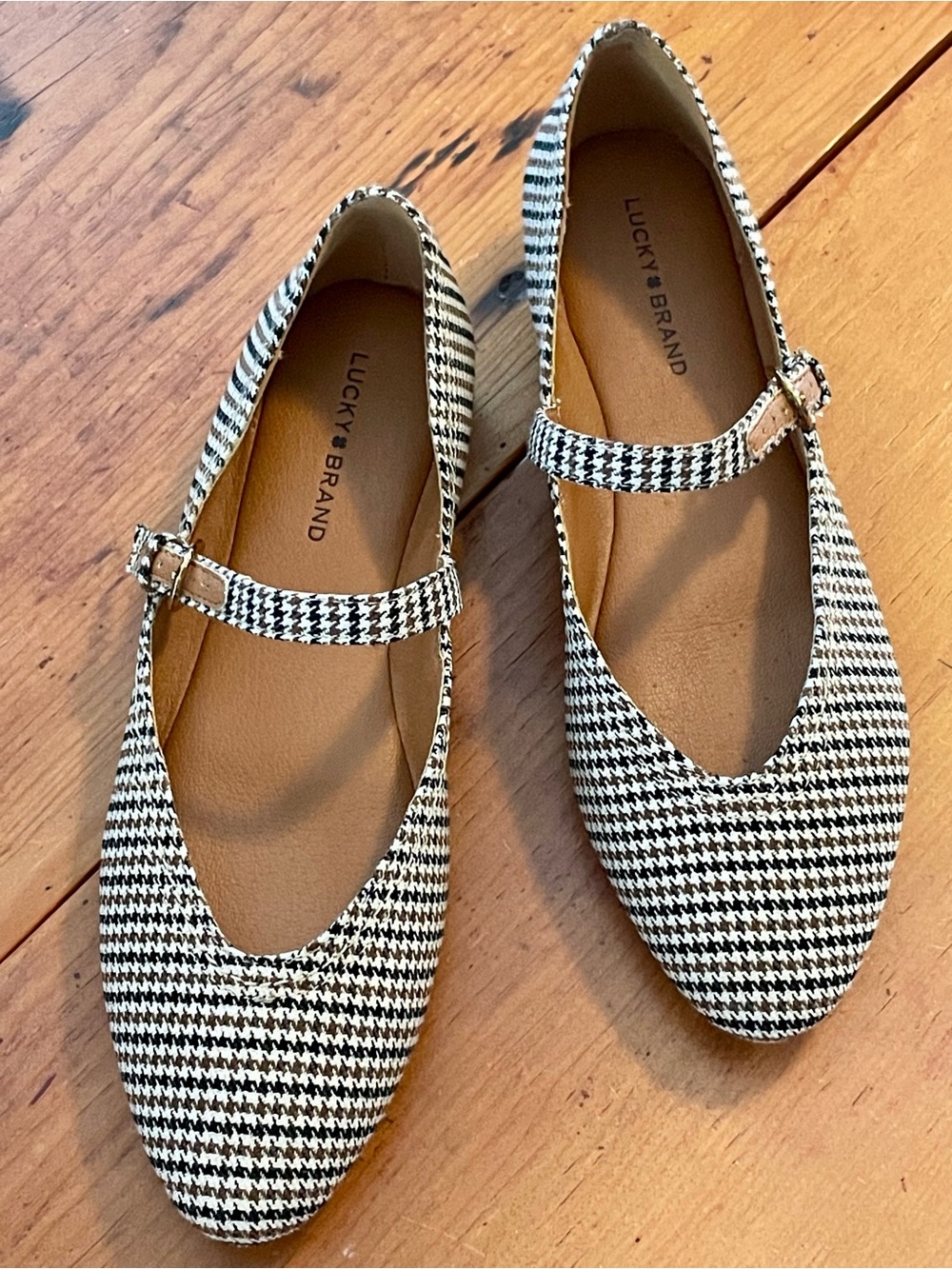 Lucky Brand Houndstooth Mary Jane Flats Tan Black Cream Women’s Size 7